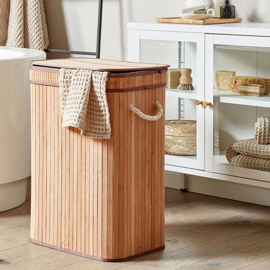 Bit Laundry Basket Light Brown Bamboo Polyester Insert With Removable Lid Handles Modern Design Multifunctional