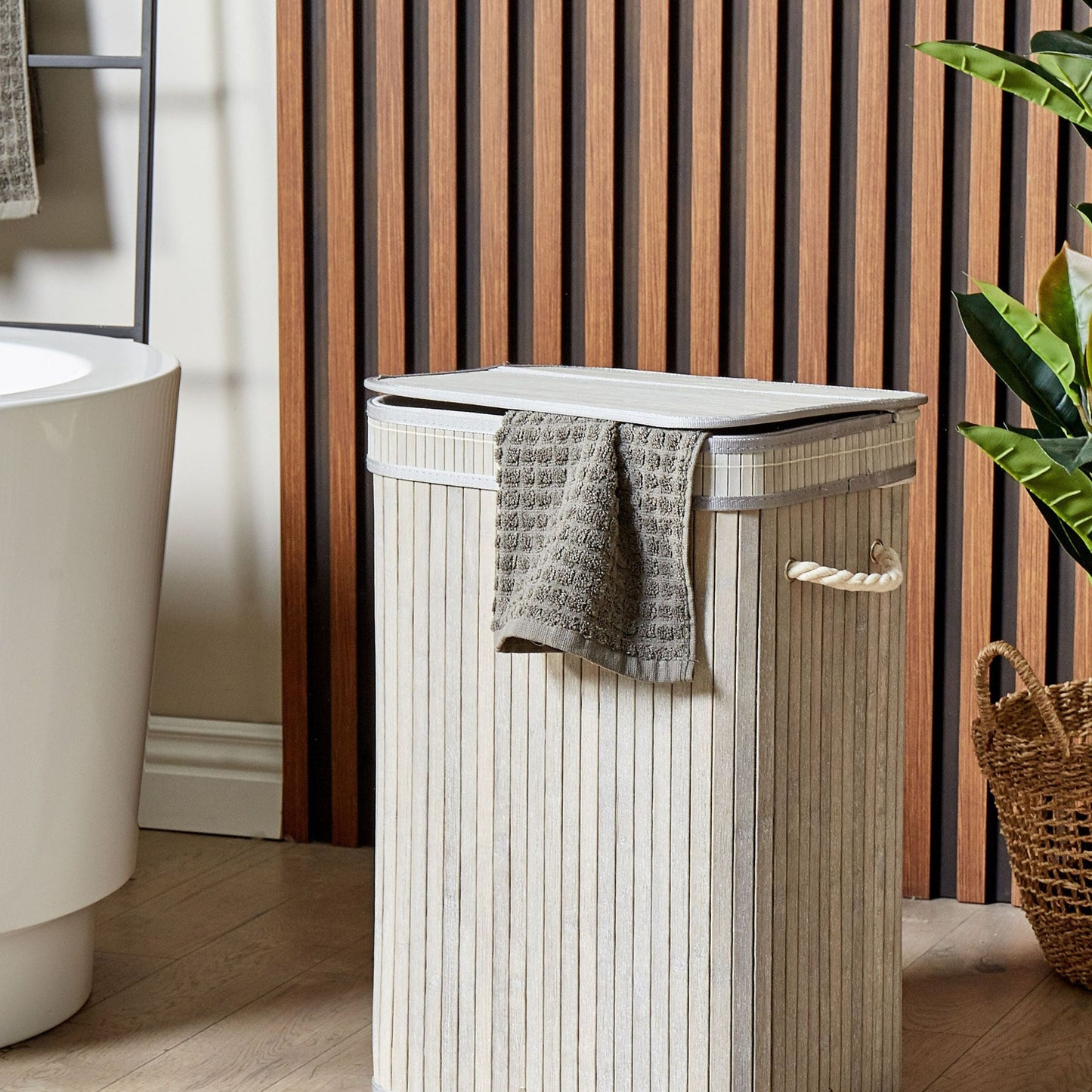 Bit Grey Laundry Basket With Bamboo Insert And Removable Lid
