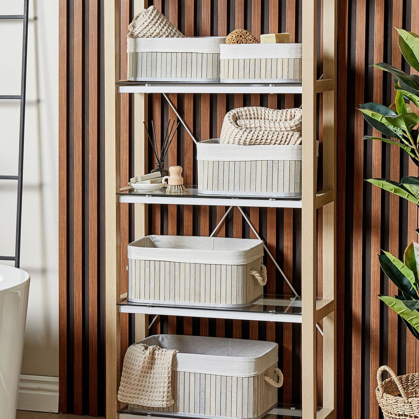 5 Piece Grey Bamboo Storage Baskets Set In Various Sizes With Polyester Handles Modern Home Organization