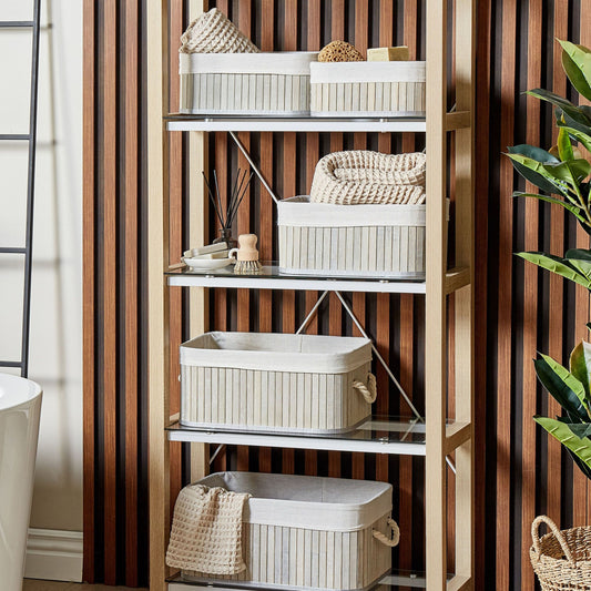 5 Piece Grey Bamboo Storage Baskets Set In Various Sizes With Polyester Handles Modern Home Organization