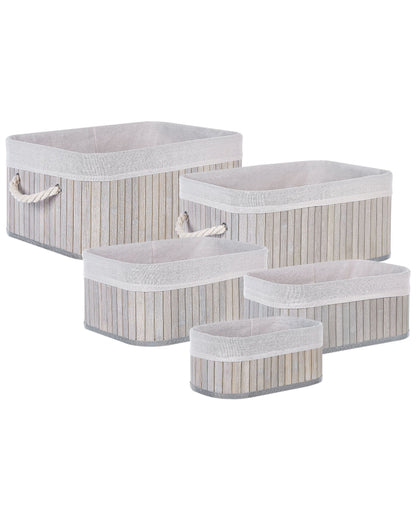 5 Piece Grey Bamboo Storage Baskets Set In Various Sizes With Polyester Handles Modern Home Organization