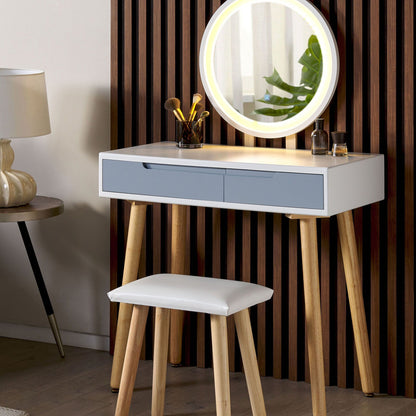 Dressing Table Set White Round LED Mirror 2 Drawers
