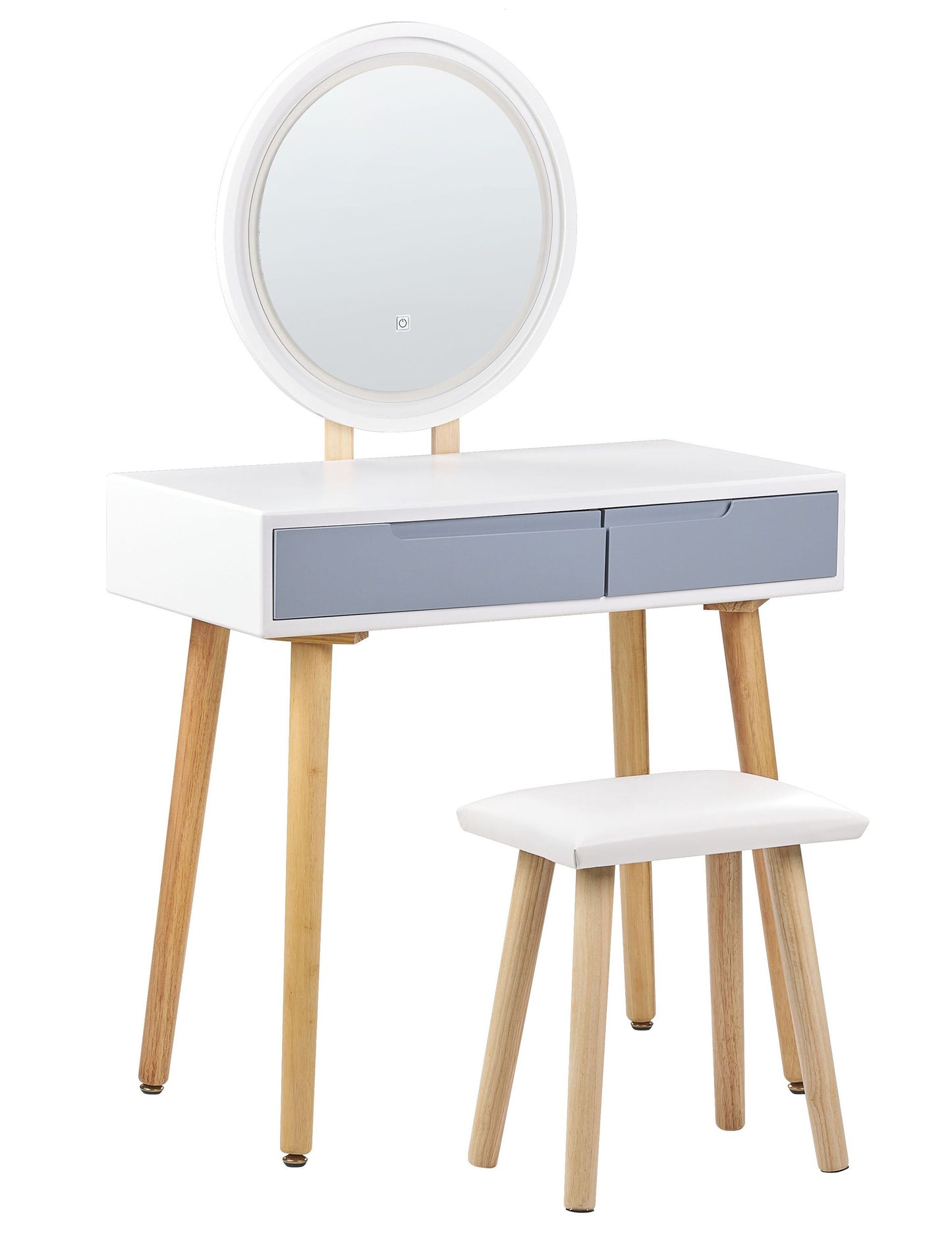 Dressing Table Set White Round LED Mirror 2 Drawers