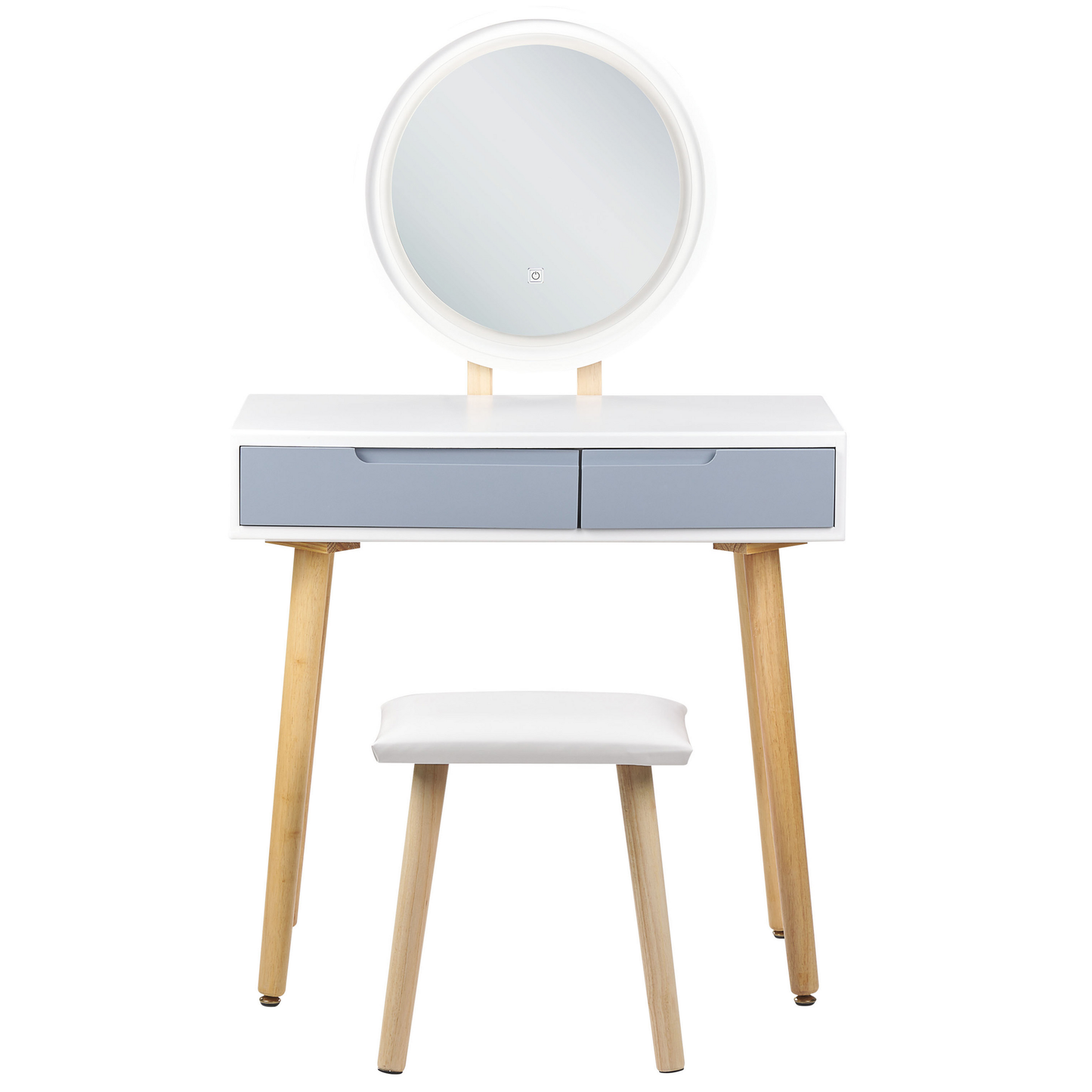 Dressing Table Set White Round LED Mirror 2 Drawers