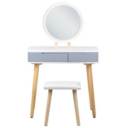 Dressing Table Set White Round LED Mirror 2 Drawers