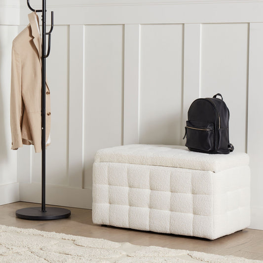 Home White Boucle Tufted Storage Ottoman Bench