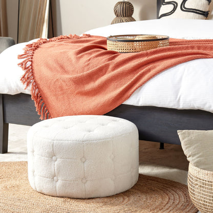 Home White Boucle Round Pouffe Footstool Button Tufted Upholstery Ottomane For Living Room