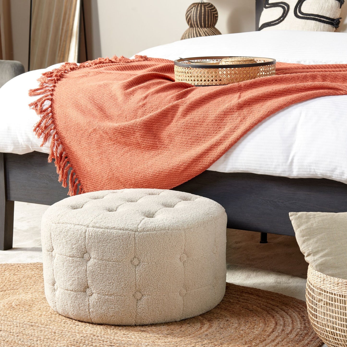 Footstool Beige Boucle Round Pouffe Button Tufting Upholstery