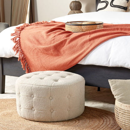 Footstool Beige Boucle Round Pouffe Button Tufting Upholstery