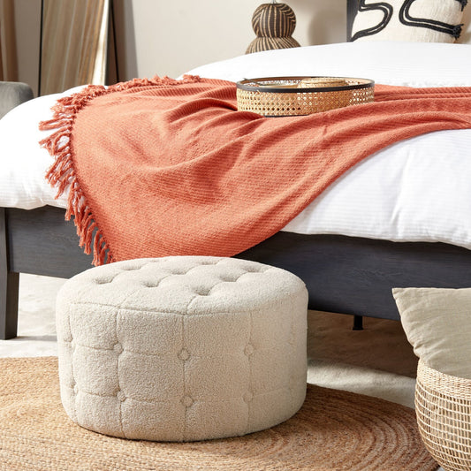 Footstool Beige Boucle Round Pouffe Button Tufting Upholstery