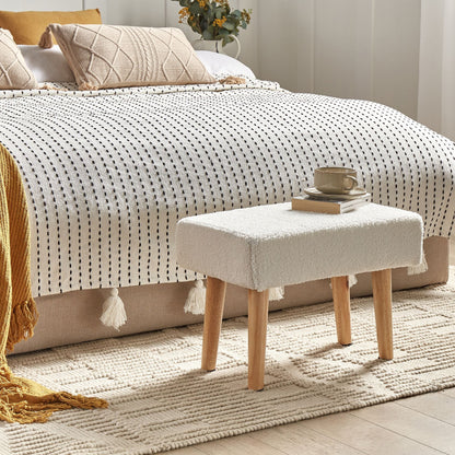 Footstool White Boucle With Wooden Legs
