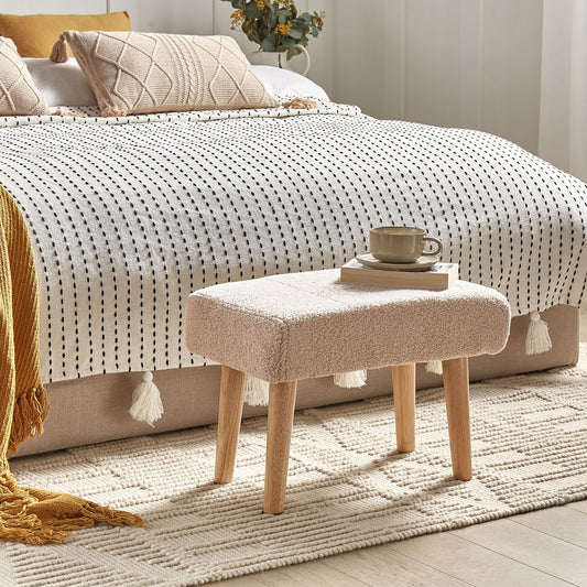 Beige Boucle Footstool With Wooden Legs