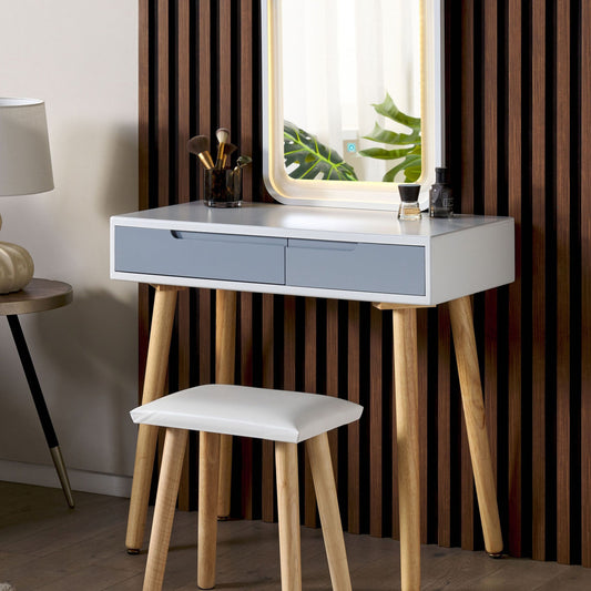 Home Dressing Table Set White With LED Mirror Manufactured Wood Top Storage and 2 Drawers