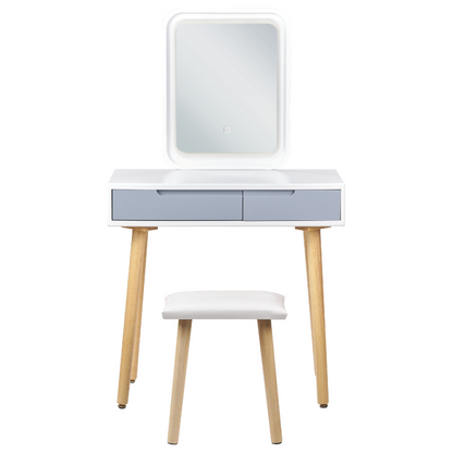 Home Dressing Table Set White With LED Mirror Manufactured Wood Top Storage and 2 Drawers
