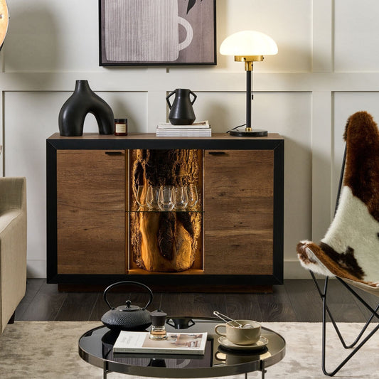 2 Door Sideboard In Light Brown And Black MDF Cabinets With Shelves LED Light Rustic Living Room Storage