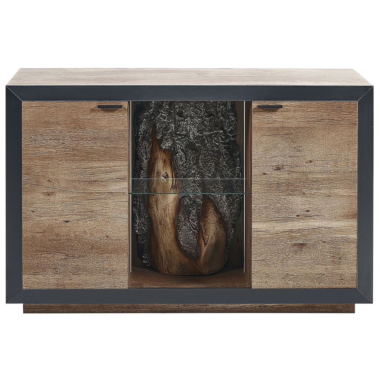 2 Door Sideboard In Light Brown And Black MDF Cabinets With Shelves LED Light Rustic Living Room Storage