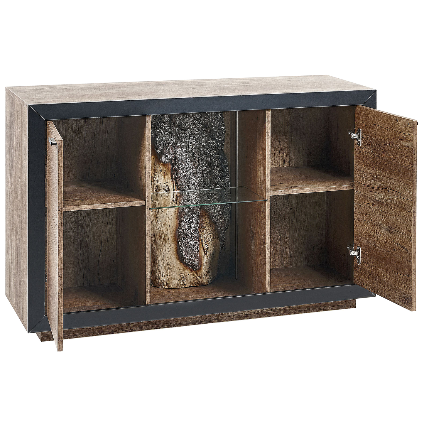 2 Door Sideboard In Light Brown And Black MDF Cabinets With Shelves LED Light Rustic Living Room Storage