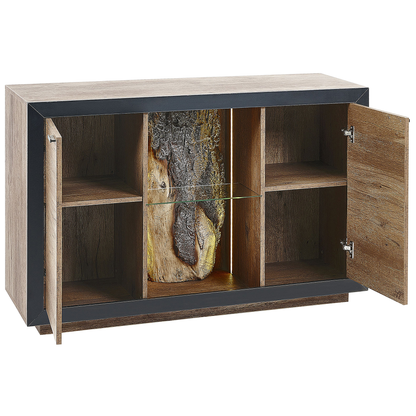 2 Door Sideboard In Light Brown And Black MDF Cabinets With Shelves LED Light Rustic Living Room Storage