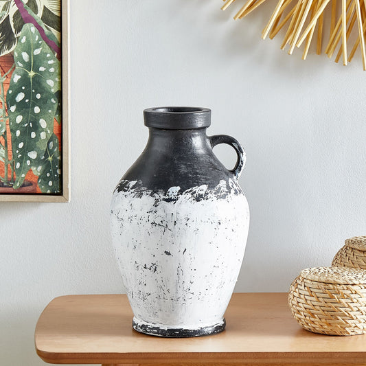 Heritage Home Decorative Vase Black And White Terracotta 33cm Handmade Painted Retro Vintage