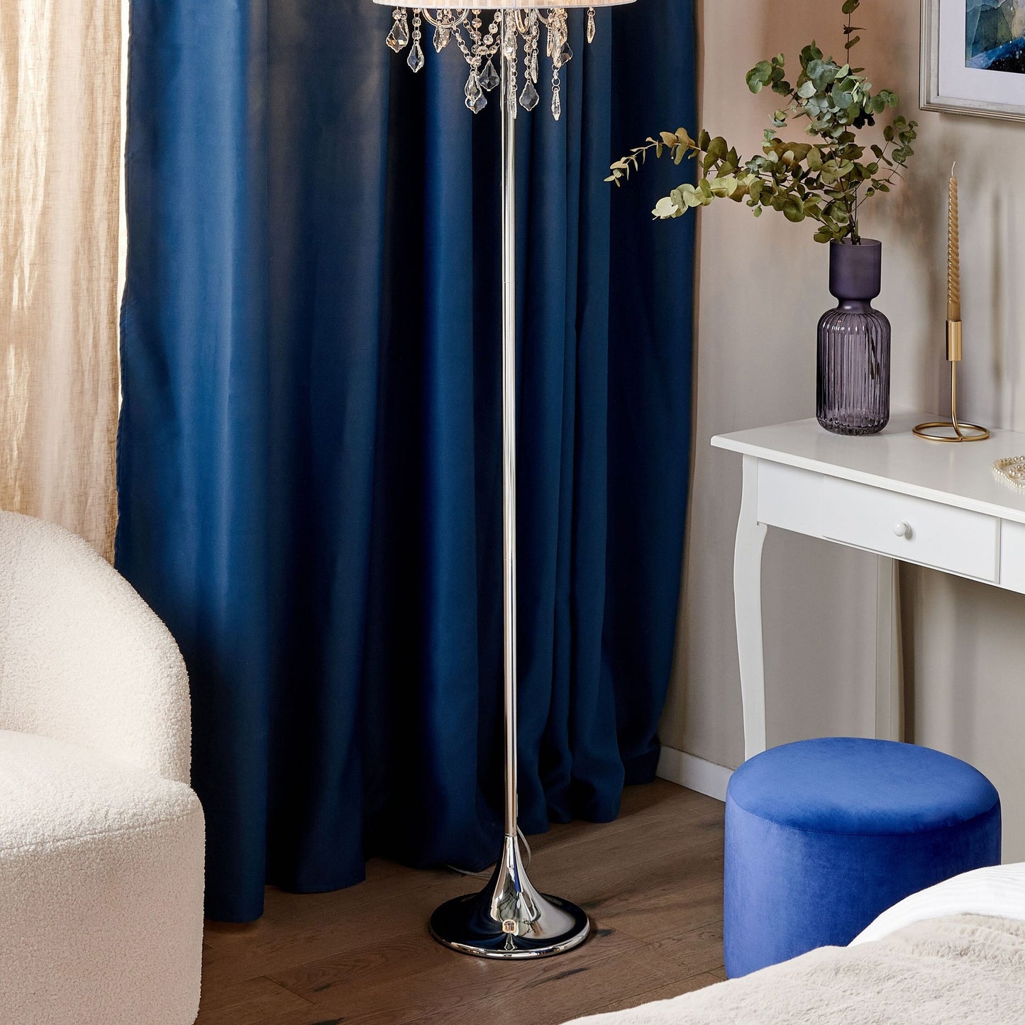 Glamora Floor Lamp White Polycotton 170cm Drum Shade Crystal Beads