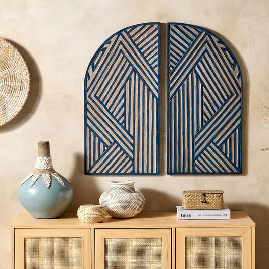 BrandName Window Shaped Wall Decor Dark Blue MDF Carved Pattern