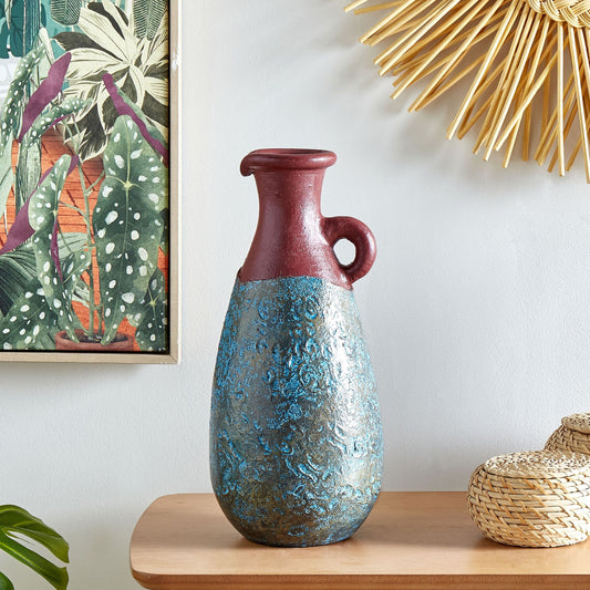 Handmade Terracotta Vase Blue And Brown 40cm With Distressed Vintage Painted Finish