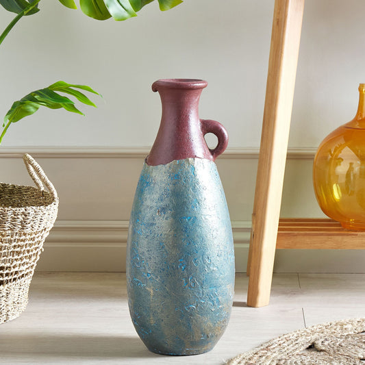 Decorative Vase Blue and Brown Terracotta 50cm Handmade Painted Retro Vintage-Inspired