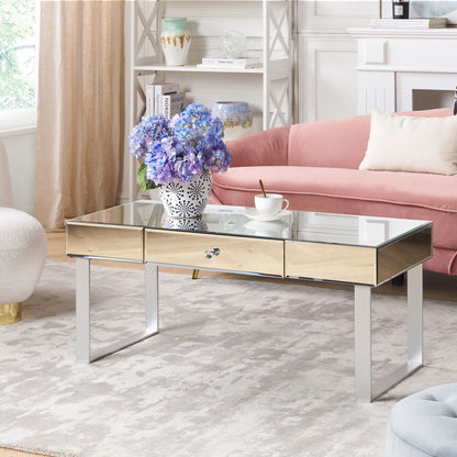 Coffee Table Silver Glass Mirror With Drawer 110 x 47cm