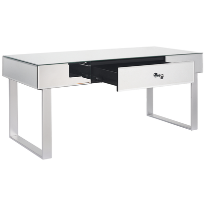 Coffee Table Silver Glass Mirror With Drawer 110 x 47cm