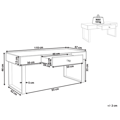 Coffee Table Silver Glass Mirror With Drawer 110 x 47cm