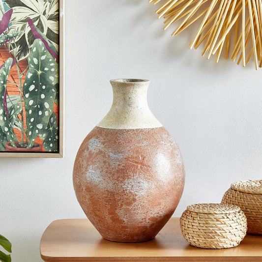 Vase White And Brown Terracotta 37cm Vintage-Inspired