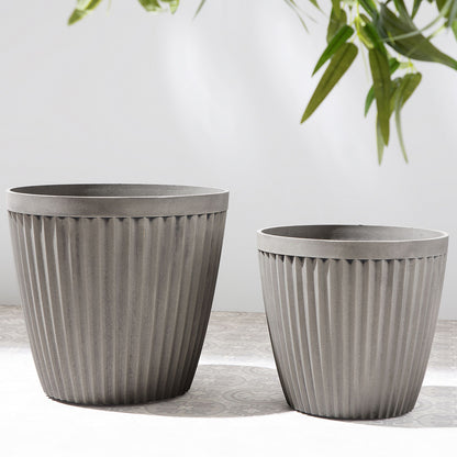 Taupe Stone Planters Set Of 2 36cm Round All Weather Outdoor Pots For Indoor Use