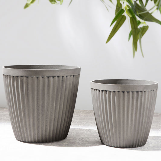 Taupe Stone Planters Set Of 2 36cm Round All Weather Outdoor Pots For Indoor Use