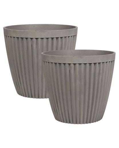Taupe Stone Planters Set Of 2 36cm Round All Weather Outdoor Pots For Indoor Use