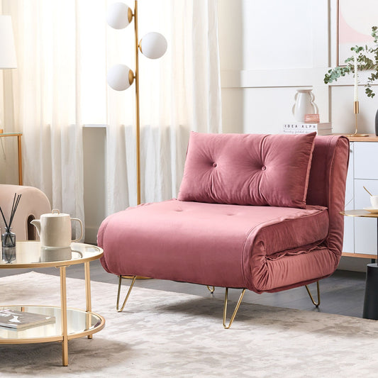 Pink Velvet 1 Seater Sofa Bed Fold-Out Sleeper Gold Legs
