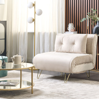 Small Sofa Bed Beige Velvet 1 Seater Fold Out with Gold Legs