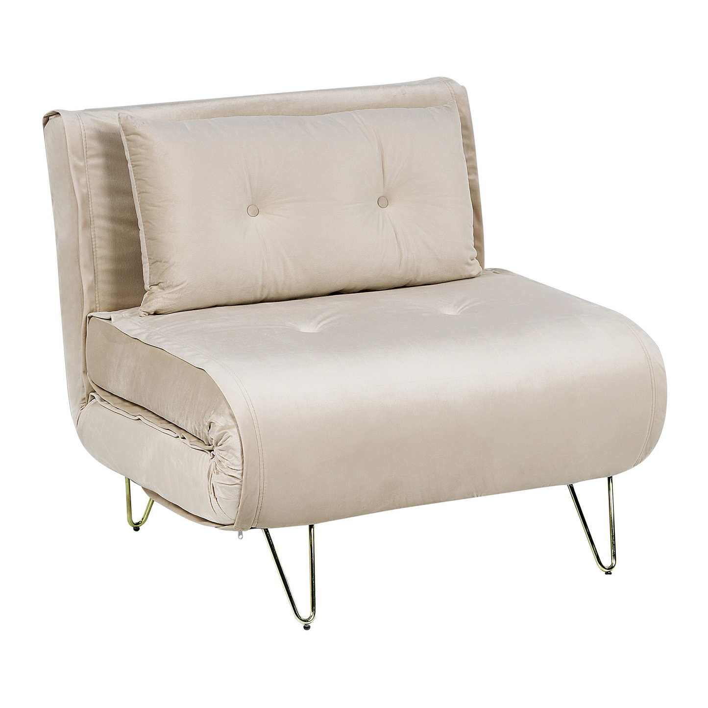 Small Sofa Bed Beige Velvet 1 Seater Fold Out with Gold Legs