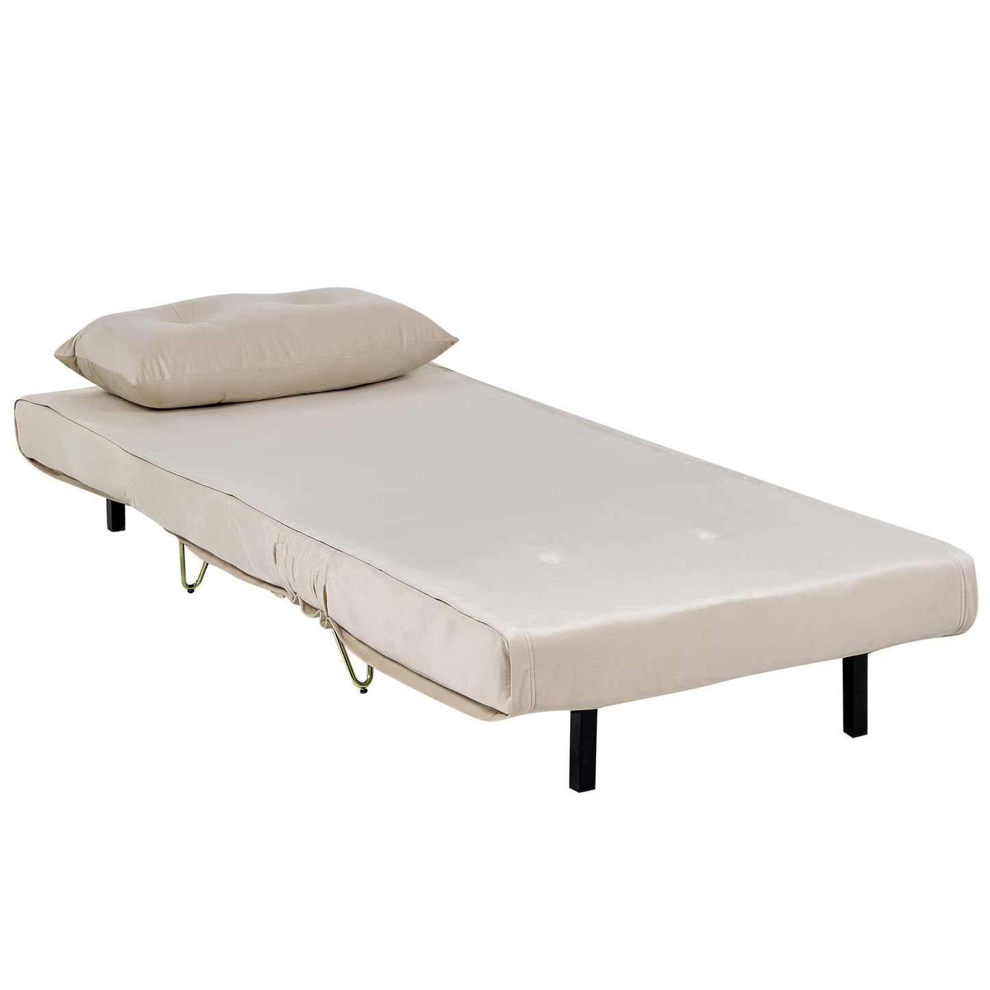 Small Sofa Bed Beige Velvet 1 Seater Fold Out with Gold Legs
