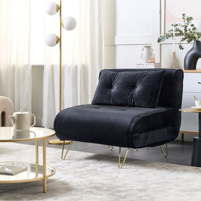 Velvet Small 1 Seater Sofa Bed Black With Gold Legs
