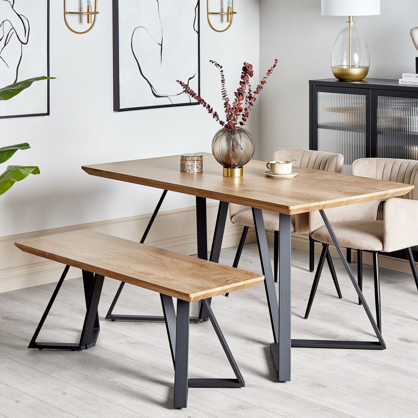 BrandName Light Brown Nordic Bench With MDF Top Black Metal Legs
