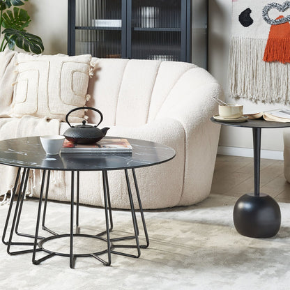 Home Round Coffee Table 80cm Marble Finish Black Metal Base