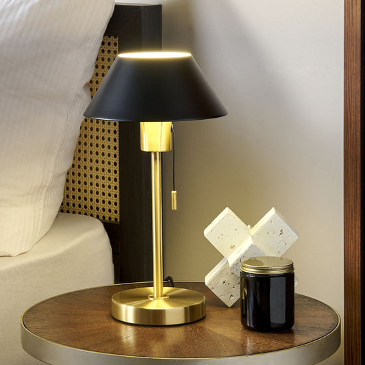 Table Lamp Black And Gold Iron Cone Shade With Pull Switch For Office And Study
