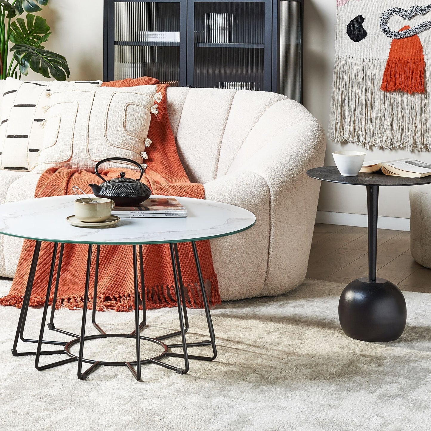 Glamorous Home Coffee Table Marble Finish White 80cm Metal Base
