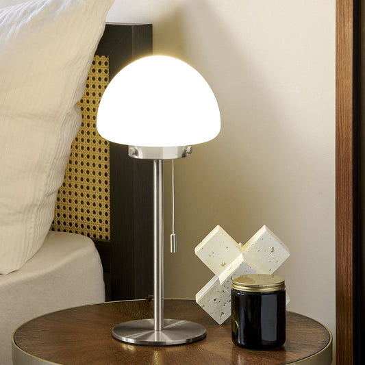 Table Lamp White Glass Shade Minimalist Silver Metal Base Pull Switch For Home Office
