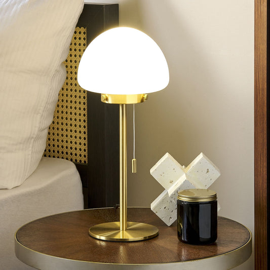 Table Lamp Gold Metal Base Glass Shade Pull Switch Minimalist