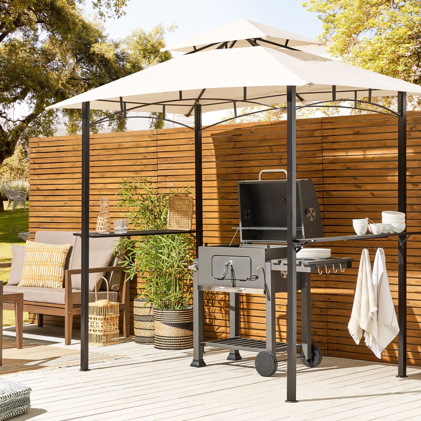 Gazebo Beige Fabric Garden Pavilion Black Steel Frame 240 x 148cm