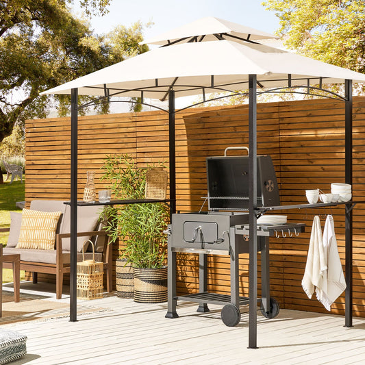 Gazebo Beige Fabric Garden Pavilion Black Steel Frame 240 x 148cm