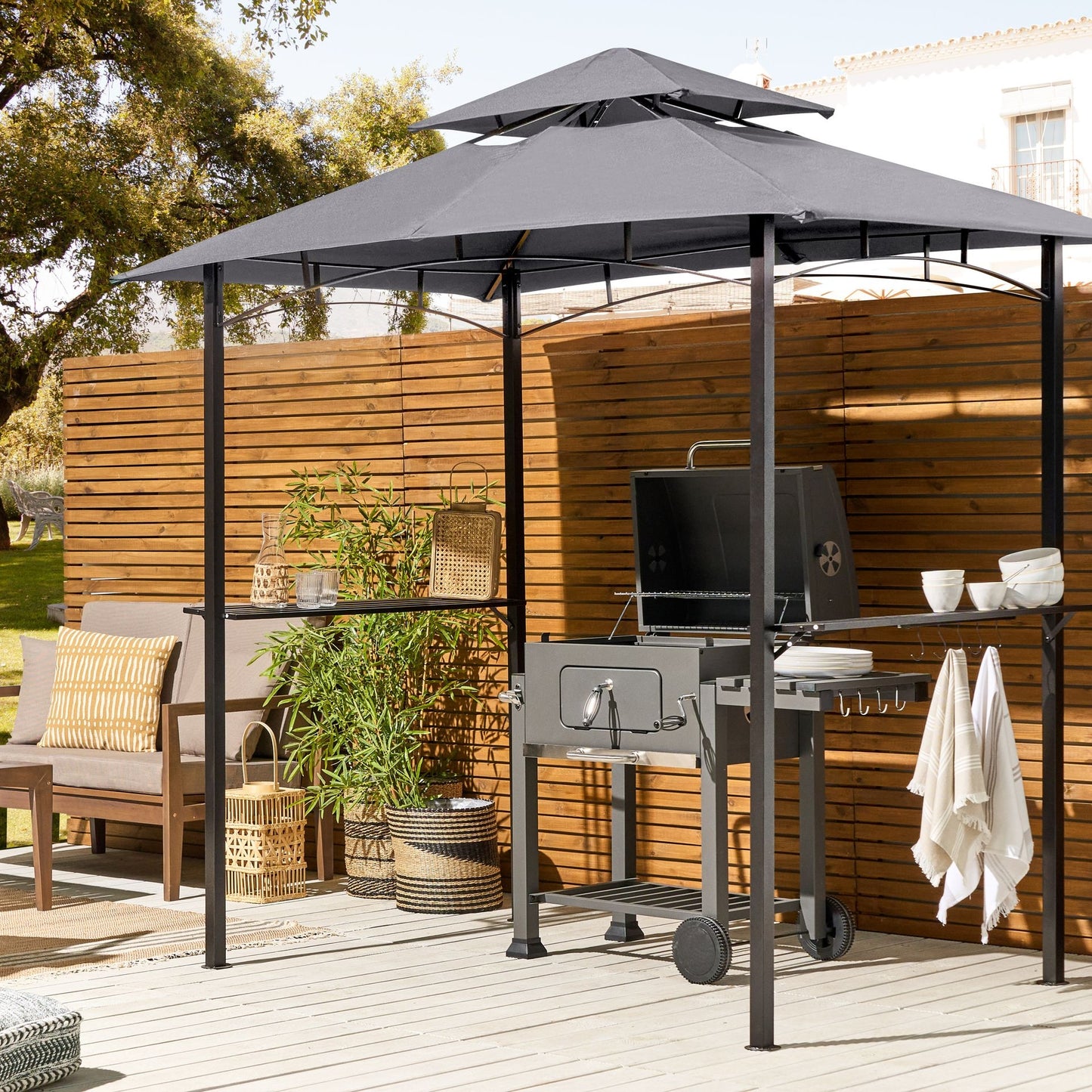 Gazebo Grey Fabric Black Steel Powder Coated Garden Pavilion 240 x 148cm With Hooks And Shelves