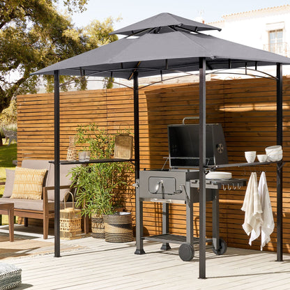 Gazebo Grey Fabric Black Steel Powder Coated Garden Pavilion 240 x 148cm With Hooks And Shelves