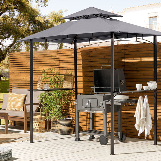 Gazebo Grey Fabric Black Steel Powder Coated Garden Pavilion 240 x 148cm With Hooks And Shelves